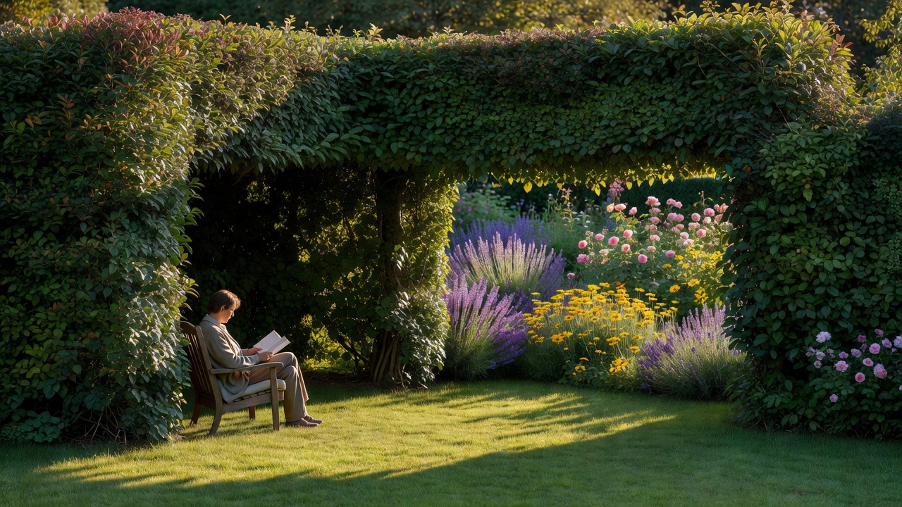 A person reading beside a layered hedge with an open lawn and sunlit planting beyond