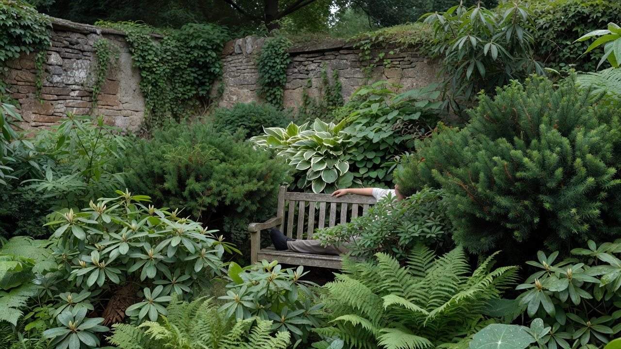 A person resting on a garden bench behind layered shrubs, with a solid boundary partly visible beyond