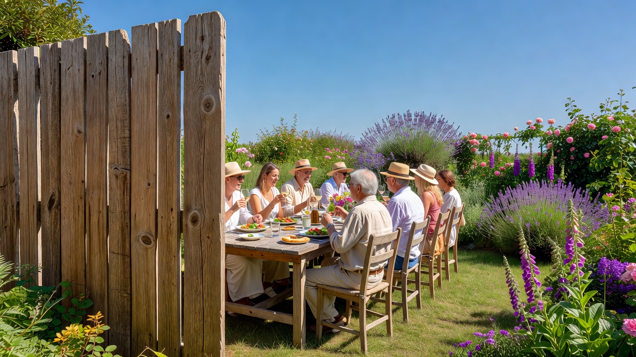 People dining in a bright garden behind a partial timber screen, with planting and open sky beside it