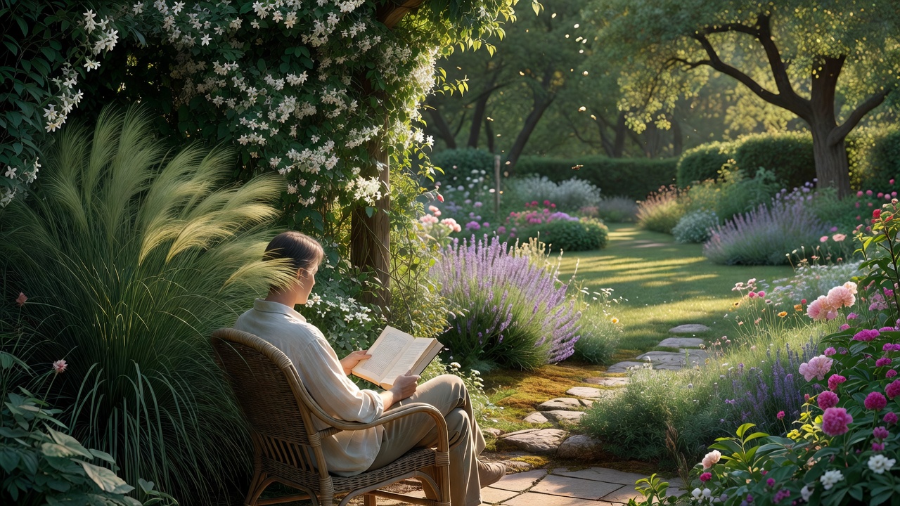 A reader enjoying a bright garden corner screened on one side by planting while the rest stays open